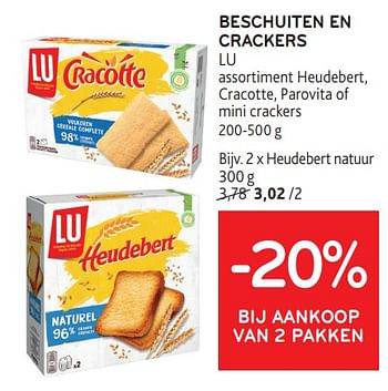 Promoties Beschuiten en crackers lu -20% bij aankoop van 2 pakken - Lu - Geldig van 31/01/2024 tot 13/02/2024 bij Alvo