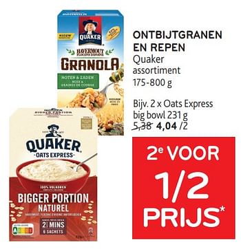 Promoties Ontbijtgranen en repen quaker 2e voor 1-2 prijs - Quaker - Geldig van 31/01/2024 tot 13/02/2024 bij Alvo