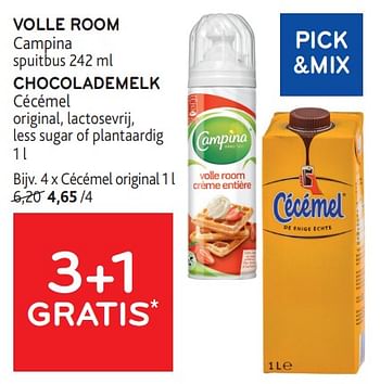 Promoties Volle room campina + chocolademelk cécémel 3+1 gratis - Huismerk - Alvo - Geldig van 31/01/2024 tot 13/02/2024 bij Alvo