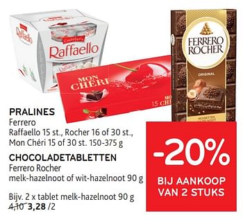 Promoties Pralines ferrero + chocoladetabletten ferrero roche -20% bij aankoop van 2 stuks - Ferrero - Geldig van 31/01/2024 tot 13/02/2024 bij Alvo