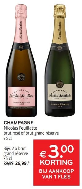 Promoties Champagne nicolas feuillatte € 3.00 korting bij aankoop van 1 fles - Champagne - Geldig van 31/01/2024 tot 13/02/2024 bij Alvo