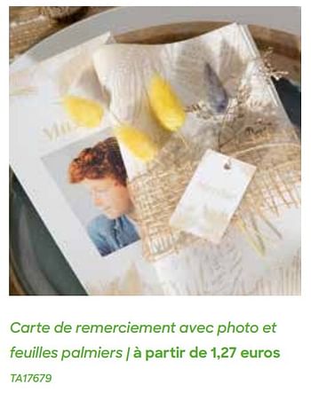 Promotions Carte de remerciement avec photo et feuilles palmiers - Produit Maison - Ava - Valide de 29/01/2024 à 31/07/2024 chez Ava