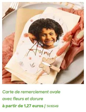 Promotions Carte de remerciement ovale avec fleurs et dorure - Produit Maison - Ava - Valide de 29/01/2024 à 31/07/2024 chez Ava