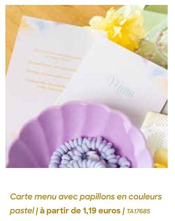 Promotions Carte menu avec papillons en couleurs pastel - Produit Maison - Ava - Valide de 29/01/2024 à 31/07/2024 chez Ava