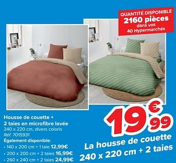 Promotions Housse de couette + 2 taies en microfibre lavée - Produit maison - Carrefour  - Valide de 31/01/2024 à 14/02/2024 chez Carrefour