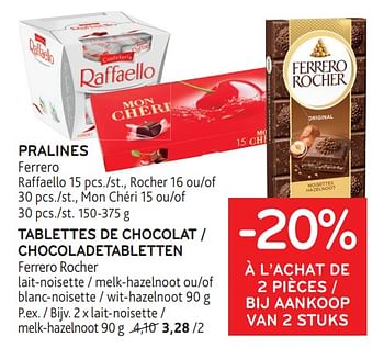 Promotions Pralines ferrero + tablettes de chocolat ferrero roche -20% à l’achat de 2 pièces - Ferrero - Valide de 31/01/2024 à 13/02/2024 chez Alvo