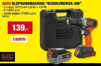 Promotions Black + decker accu klopboormachine bcd003mem2k-qw - Black & Descker - Valide de 31/01/2024 à 11/02/2024 chez Hubo