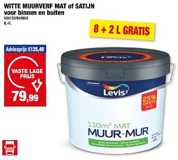 Promotions Witte muurverf mat of satijn voor binnen en buiten - Levis - Valide de 31/01/2024 à 11/02/2024 chez Hubo