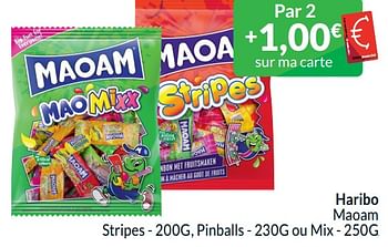 Promotions Haribo maoam stripes - pinballs - ou mix - Haribo - Valide de 01/02/2024 à 29/02/2024 chez Intermarche