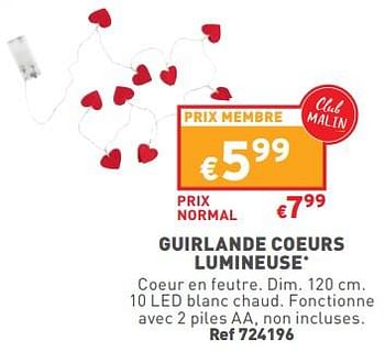 Promotions Guirlande coeurs lumineuse - Produit maison - Trafic  - Valide de 31/01/2024 à 05/02/2024 chez Trafic