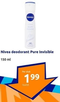 Promoties Nivea deodorant pure invisible - Nivea - Geldig van 31/01/2024 tot 06/02/2024 bij Action