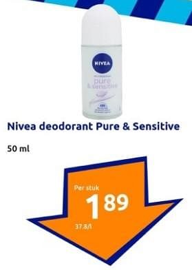 Promoties Nivea deodorant pure + sensitive - Nivea - Geldig van 31/01/2024 tot 06/02/2024 bij Action