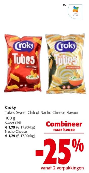 Promotions Croky tubes sweet chili of nacho cheese flavour - Croky - Valide de 31/01/2024 à 13/02/2024 chez Colruyt