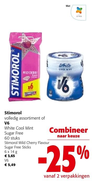 Promotions Stimorol volledig assortiment of v6 white cool mint sugar free - Produit maison - Colruyt - Valide de 31/01/2024 à 13/02/2024 chez Colruyt