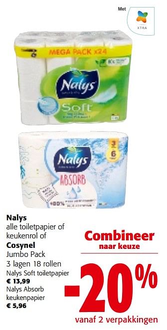 Promoties Nalys alle toiletpapier of keukenrol of cosynel jumbo pack - Huismerk - Colruyt - Geldig van 31/01/2024 tot 13/02/2024 bij Colruyt