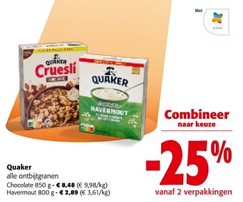 Promoties Quaker alle ontbijtgranen - Quaker - Geldig van 31/01/2024 tot 13/02/2024 bij Colruyt