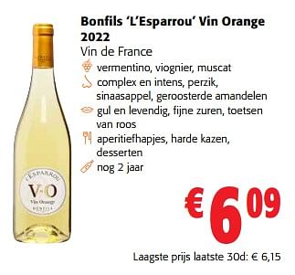 Promoties Bonfils l’esparrou vin orange 2022 vin de france - Witte wijnen - Geldig van 31/01/2024 tot 13/02/2024 bij Colruyt