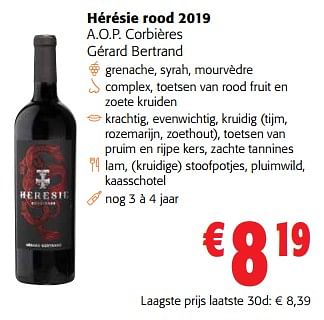 Promoties Hérésie rood 2019 a.o.p. corbières gérard bertrand - Rode wijnen - Geldig van 31/01/2024 tot 13/02/2024 bij Colruyt