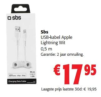 Promoties Sbs usb-kabel apple lightning wit - SBS - Geldig van 31/01/2024 tot 13/02/2024 bij Colruyt