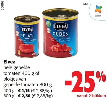 Promoties Elvea hele gepelde tomaten of blokjes van gepelde tomaten - Elvea - Geldig van 31/01/2024 tot 13/02/2024 bij Colruyt