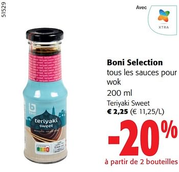 Promotions Boni selection sauces pour wok teriyaki sweet - Boni - Valide de 31/01/2024 à 13/02/2024 chez Colruyt