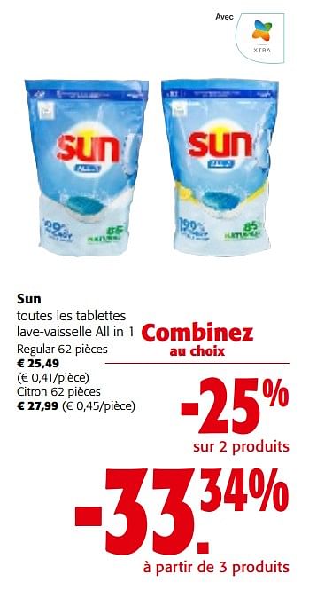 Promotions Sun toutes les tablettes lave-vaisselle all in 1 - Sun - Valide de 31/01/2024 à 13/02/2024 chez Colruyt