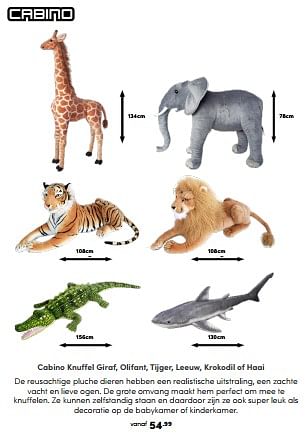 Promoties Cabino knuffel giraf, olifant, tijger, leeuw, krokodil of haai - Cabino - Geldig van 04/02/2024 tot 24/02/2024 bij Baby & Tiener Megastore