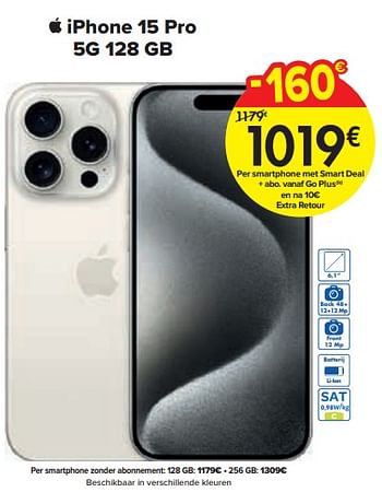 Promoties Apple iphone 15 pro 5g 128 gb - Apple - Geldig van 01/02/2024 tot 29/02/2024 bij Carrefour