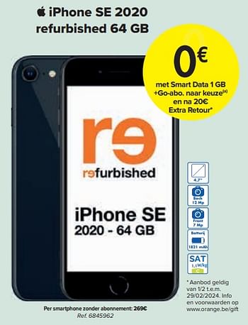 Promoties Apple iphone se 2020 refurbished 64 gb - Apple - Geldig van 01/02/2024 tot 29/02/2024 bij Carrefour