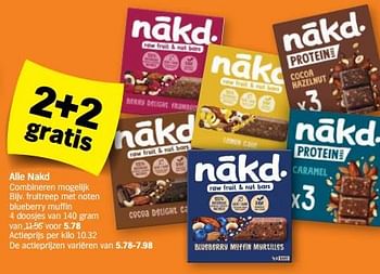 Promotions Nakd fruitreep met noten blueberry muffin - Nákd - Valide de 05/02/2024 à 11/02/2024 chez Albert Heijn