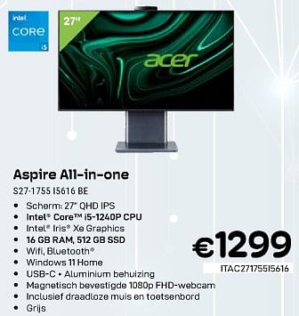 Promoties Acer aspire all-in-one s27-1755 i5616 be - Acer - Geldig van 01/02/2024 tot 29/02/2024 bij Compudeals