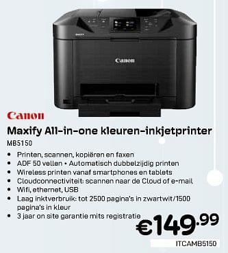 Promoties Canon maxify all-in-one kleuren-inkjetprinter mb5150 - Canon - Geldig van 01/02/2024 tot 29/02/2024 bij Compudeals