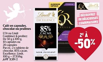 Promotions Tablette de chocolat, 85% cacao, excellence, lindt - Lindt - Valide de 08/02/2024 à 14/02/2024 chez Delhaize