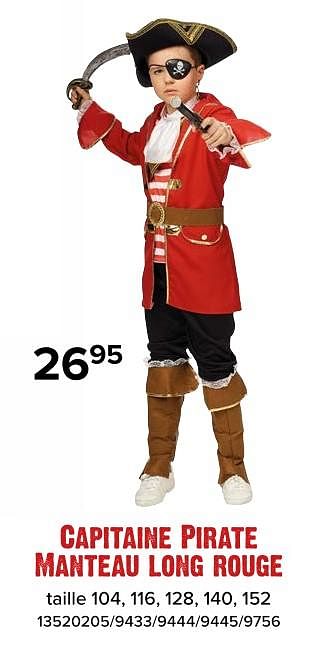 Promoties Capitaine pirate manteau long rouge - Huismerk - Euroshop - Geldig van 26/01/2024 tot 18/02/2024 bij Euro Shop