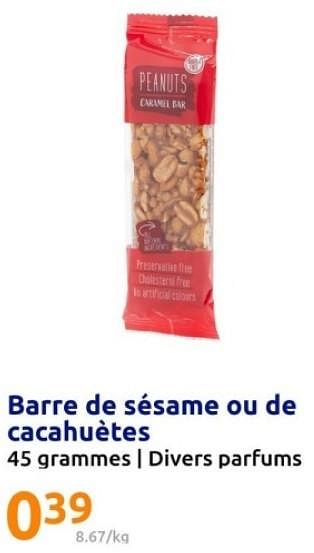 Promotions Barre de sésame ou de cacahuétes - Produit Maison - Action - Valide de 07/02/2024 à 13/02/2024 chez Action