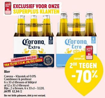 Promoties Bier corona - klassiek of 0.0% - Corona - Geldig van 15/02/2024 tot 21/02/2024 bij Delhaize