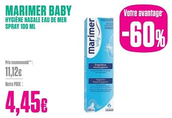 Promotions Marimer baby hygiène nasale eau de mer spray - Marimer - Valide de 29/01/2024 à 29/02/2024 chez Medi-Market
