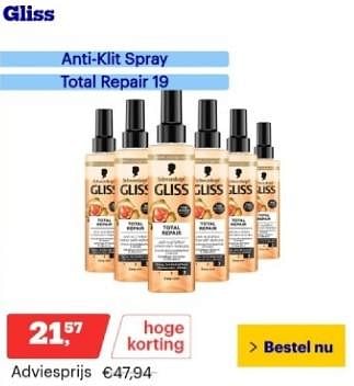 Promoties Gliss anti-klit spray total repair 19 - Schwarzkopf - Geldig van 12/02/2024 tot 18/02/2024 bij Bol.com
