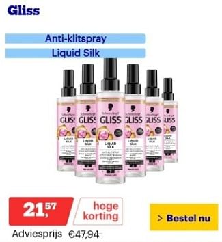 Promoties Gliss anti-klitspray liquid silk - Schwarzkopf - Geldig van 12/02/2024 tot 18/02/2024 bij Bol.com