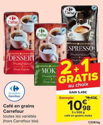 Promotions Café en grains moka - Produit maison - Carrefour  - Valide de 14/02/2024 à 20/02/2024 chez Carrefour