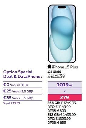 Promotions Apple iphone 15 plus 128 gb 5g - Apple - Valide de 01/02/2024 à 01/05/2024 chez Proximus