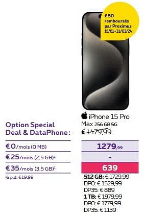 Promoties Apple iphone 15 pro max 256 gb 5g - Apple - Geldig van 01/02/2024 tot 01/05/2024 bij Proximus