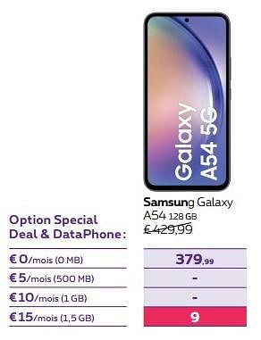 Promotions Samsung galaxy a54 128 gb - Samsung - Valide de 01/02/2024 à 01/05/2024 chez Proximus