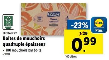 Promotions Boîtes de mouchoirs quadruple épaisseur - Floralys - Valide de 21/02/2024 à 27/02/2024 chez Lidl