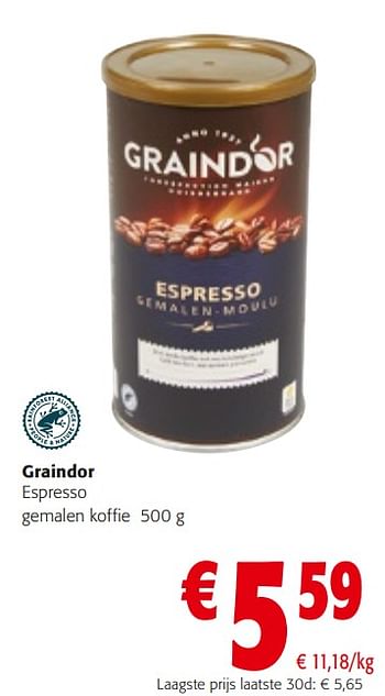 Promoties Graindor espresso gemalen koffie - Graindor - Geldig van 14/02/2024 tot 27/02/2024 bij Colruyt