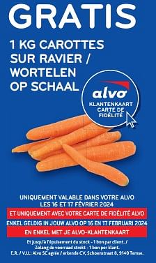 Promoties Gratis 1 kg carottes sur ravier - Huismerk - Alvo - Geldig van 14/02/2024 tot 27/02/2024 bij Alvo