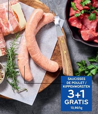 Promoties Saucisses de poulet 3+1 gratis - Huismerk - Alvo - Geldig van 14/02/2024 tot 27/02/2024 bij Alvo