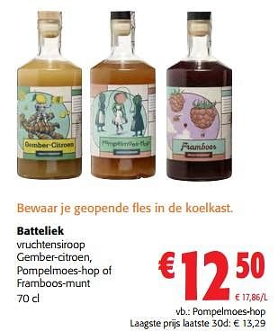 Promoties Batteliek vruchtensiroop gember-citroen, pompelmoes-hop of framboos-munt - Batteliek - Geldig van 14/02/2024 tot 27/02/2024 bij Colruyt