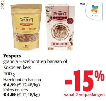 Promoties Yespers granola hazelnoot en banaan of kokos en kers - Yespers - Geldig van 14/02/2024 tot 27/02/2024 bij Colruyt