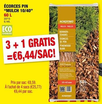 Promotions Écorces pin mulch 10-40 - Agrofino - Valide de 14/02/2024 à 25/02/2024 chez Hubo